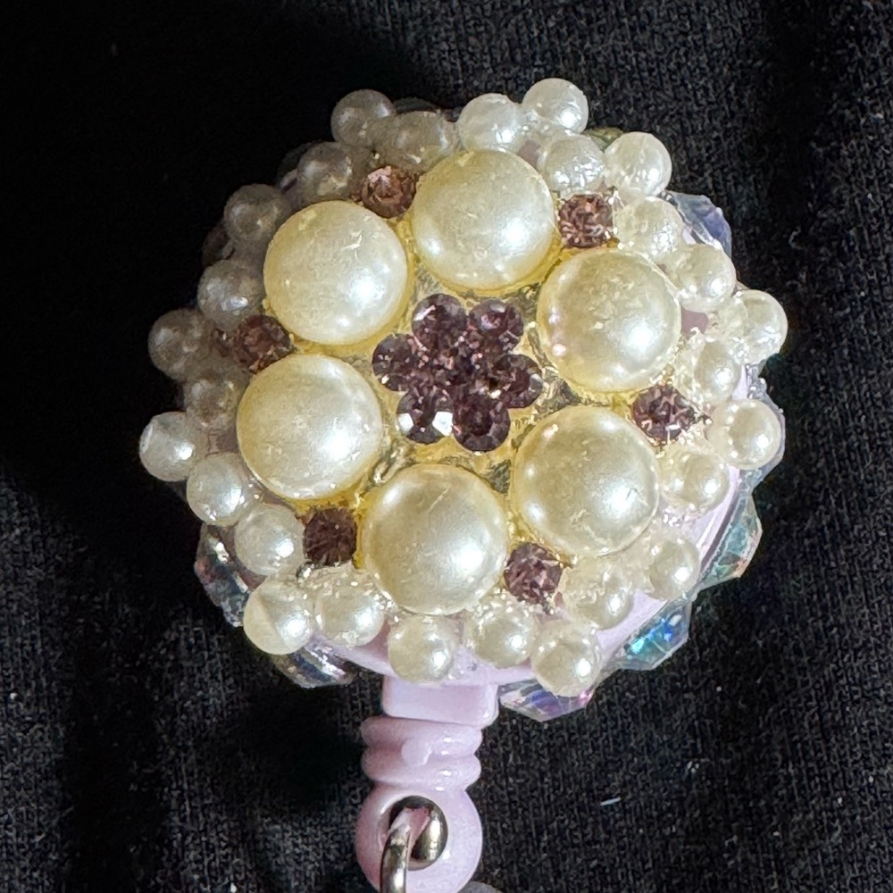 Up cycled Pearl Rhinestone Badge Holder Reel Holder Made From Vintage Brooch